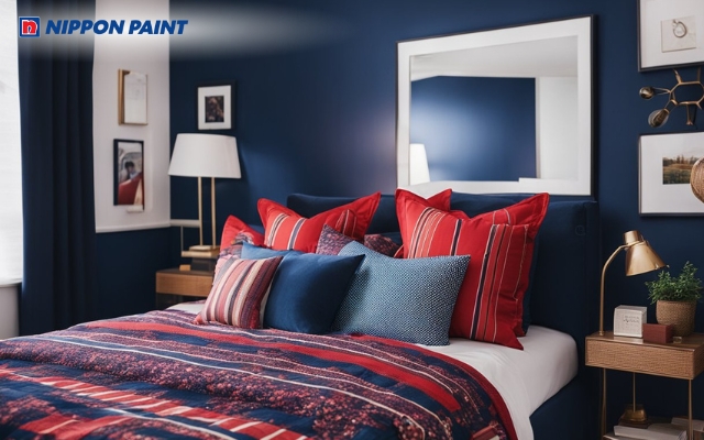 Điểm nhấn màu đỏ trên nền xanh navy mang lại sự ấm áp và vẻ đẹp sang trọng vượt thời gian