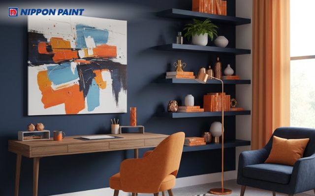 Sự tương phản của màu cam trên nền xanh navy giúp tạo điểm nhấn nghệ thuật đầy sức sống