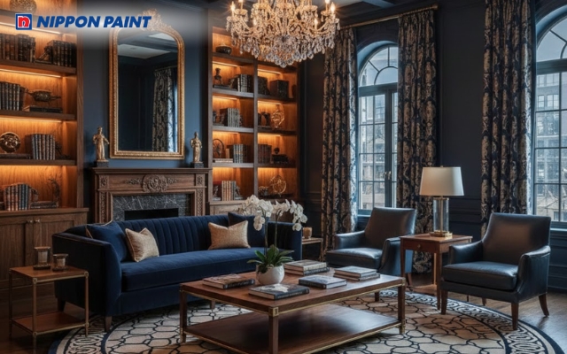 Sự kết hợp màu trầm và xanh navy giúp phòng ăn thêm sang trọng, mang lại cảm giác bền vững