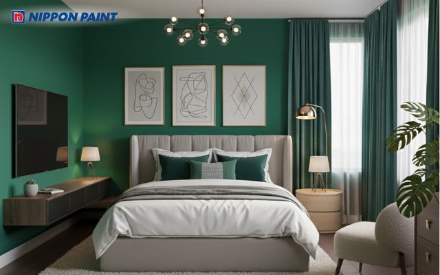 Sơn xanh ngọc bích đậm tạo chiều sâu thị giác rõ rệt, giúp không gian trở nên cuốn hút hơn