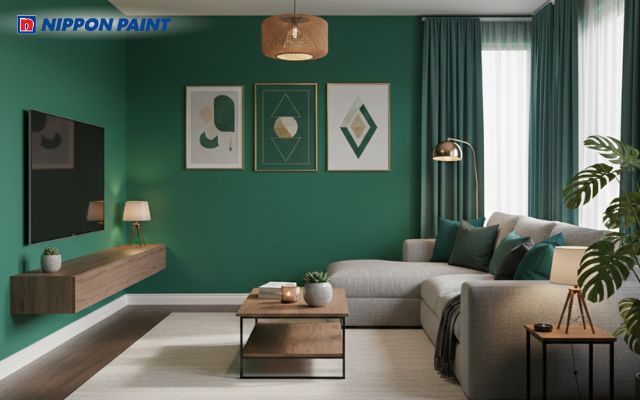 Màu xanh ngọc bích đậm giúp tôn lên vẻ đẹp sang trọng, đẳng cấp cho không gian phòng khách