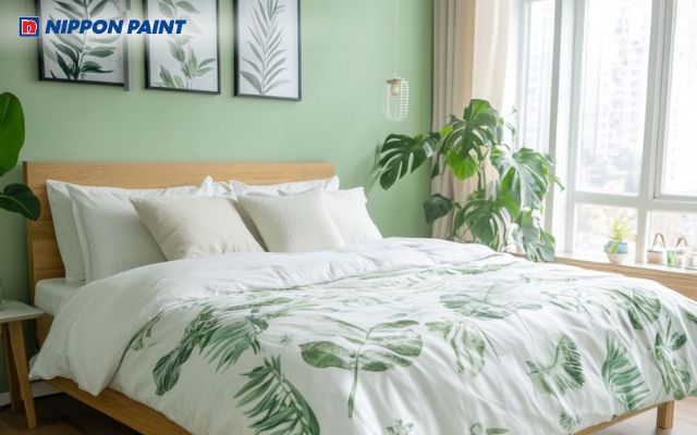 Sơn màu xanh ngọc bích nhạt mang đến vẻ đẹp thanh lịch, trẻ trung cho không gian phòng ngủ