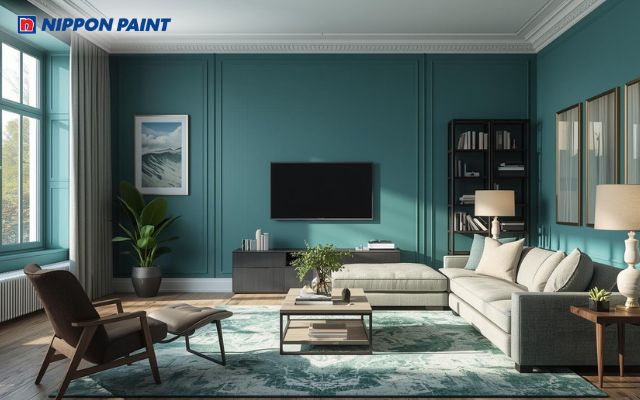 Sơn xanh ngọc lam đậm giúp căn phòng thêm nổi bật nhưng vẫn hài hòa, tinh tế
