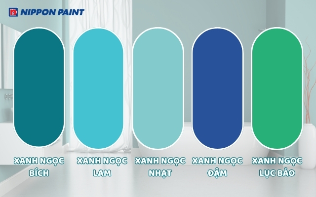 Bảng màu xanh ngọc gồm những sắc độ như xanh ngọc bích, xanh ngọc lam, xanh ngọc nhạt, xanh ngọc đậm