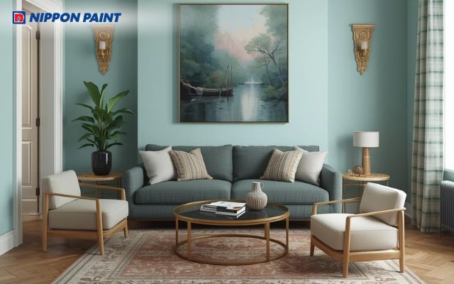 Gam xanh ngọc lam nhạt hỗ trợ cân bằng ánh sáng, giảm cảm giác bí bách trong không gian