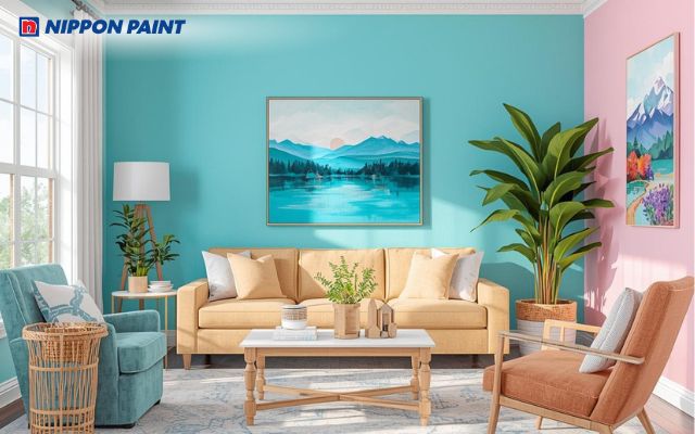 Phối màu xanh ngọc và hồng pastel gợi cảm giác mềm mại, lãng mạn