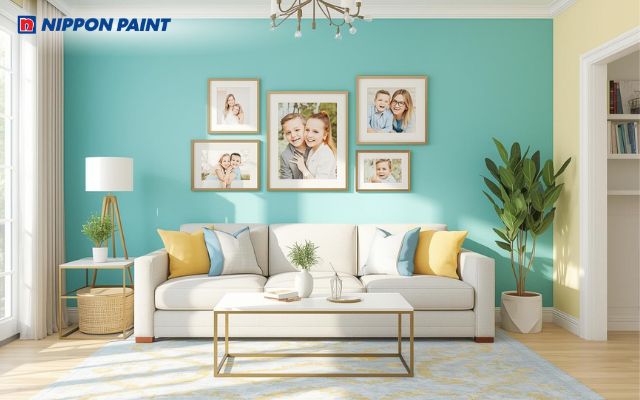 Phối màu xanh ngọc đậm và vàng nhạt tạo nên điểm nhấn sang trọng, sinh động cho phòng khách