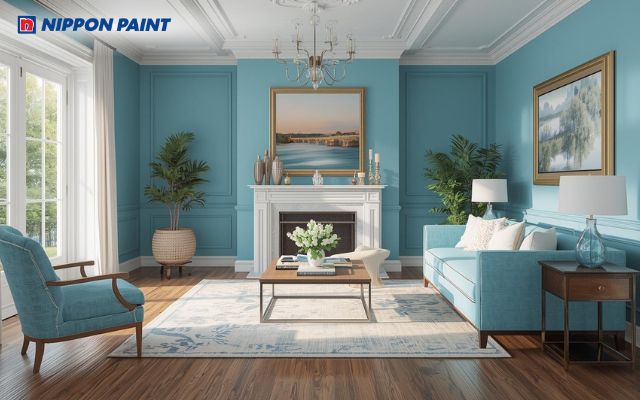Sơn tường xanh dương ngọc giúp phòng khách thoáng đãng và rộng rãi