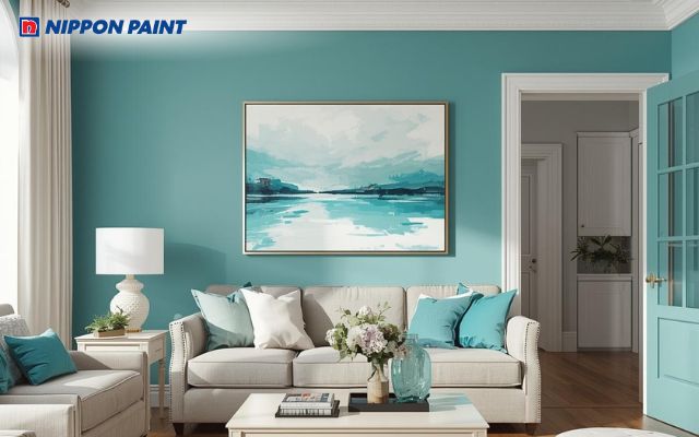 Phối màu sơn xanh ngọc và trắng tạo nên một không gian thanh lịch, hiện đại, sang trọng