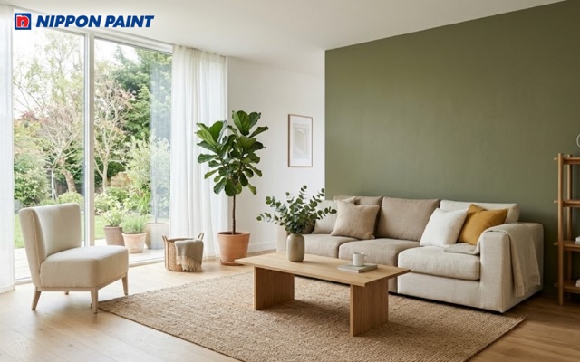 Bạn có thể kết hợp giữa sơn màu olive sẫm và sơn màu trắng cho phòng khách