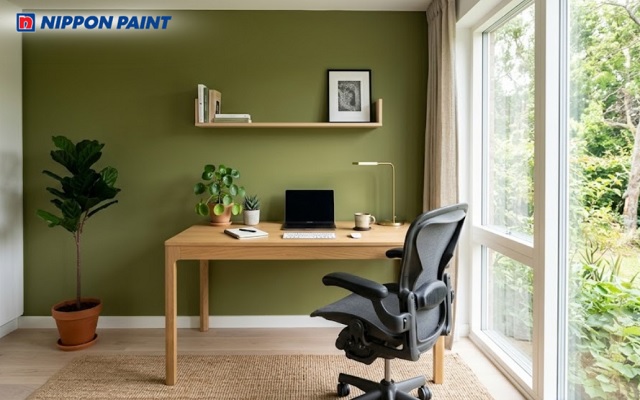 Việc sử dụng xanh olive khi phối màu phòng làm việc khá dễ dàng
