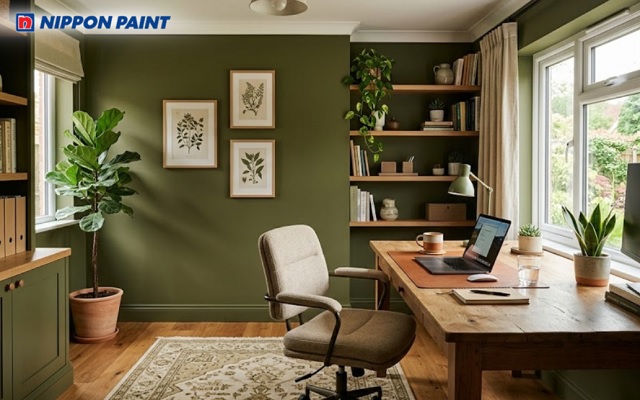Tường màu xanh olive tạo không gian nhẹ nhàng cho phòng làm việc