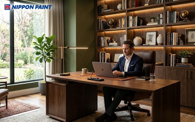 Phòng làm việc kết hợp màu xanh và màu nâu trầm góp phần khơi nguồn cảm hứng