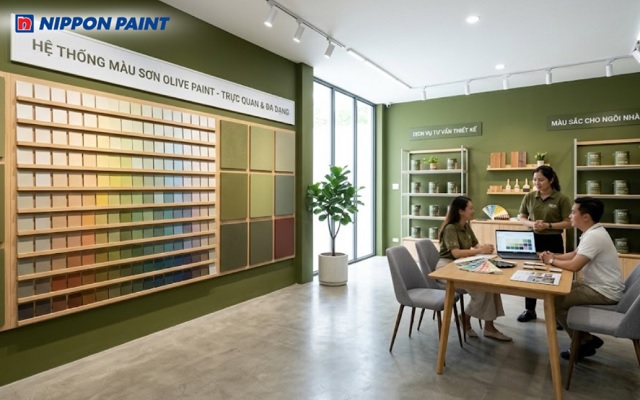 Gợi ý sơn tường xanh olive cho showroom tạo cảm giác gần gũi thiên nhiên