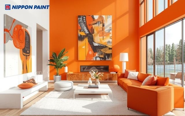 Sắc cam tươi sáng giúp phòng khách thêm sinh động và tràn đầy năng lượng tích cực