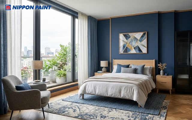 Phòng ngủ màu xanh lam tạo cảm giác nhẹ nhàng, dễ chịu