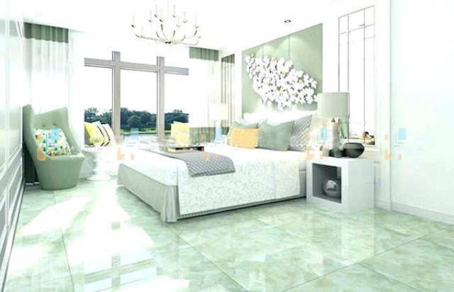  Gạch nền màu xanh ngọc bích rất hợp với không gian phòng ngủ.