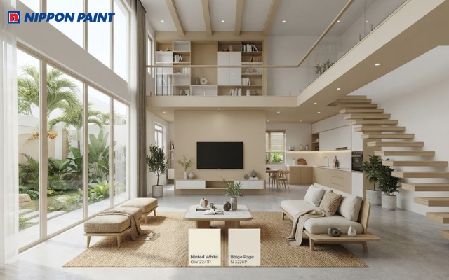 Nhà cấp 4 gác lửng thông tầng nổi bật với trắng ngà kết hợp be nhạt