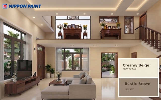 Thiết kế phòng thờ lựa chọn be ấm phối nâu nhạt, mang đến cảm giác ấm cúng