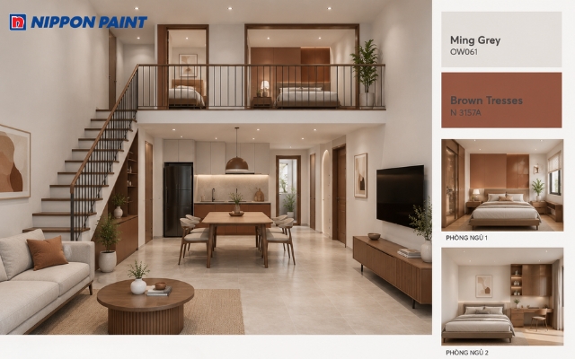 Sự kết hợp giữa xám sáng và nâu gỗ mang đến vẻ đẹp hiện đại cho không gian sống