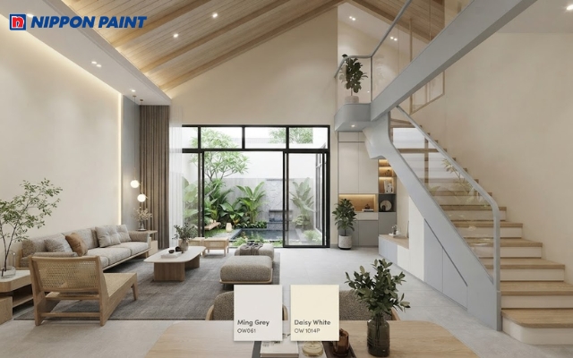 Thiết kế mở sử dụng xám sáng phối trắng ngà, mang đến vẻ đẹp hiện đại, tinh tế