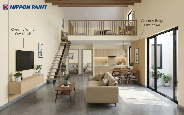 Nhà cấp 4 gác lửng 4 phòng ngủ nổi bật với trắng ấm kết hợp be nhạt
