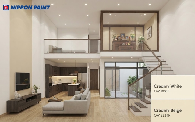 Nhà cấp 4 gác lửng có phòng thờ riêng sử dụng trắng kem kết hợp be ấm