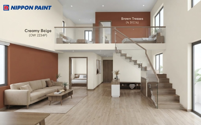 Nhà cấp 4 gác lửng 3 phòng ngủ nổi bật với be nhạt kết hợp nâu gỗ, tạo cảm giác gần gũi