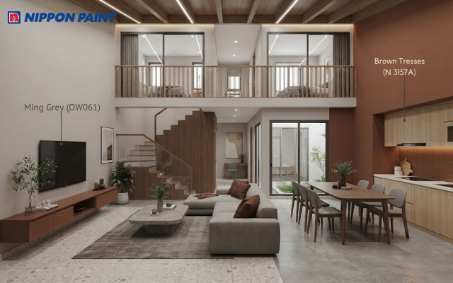 Gam xám sáng phối nâu gỗ mang đến vẻ đẹp hiện đại, cân bằng cho tổng thể