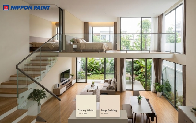 Nhà cấp 4 gác lửng 2 phòng ngủ nổi bật với trắng kem kết hợp be ấm
