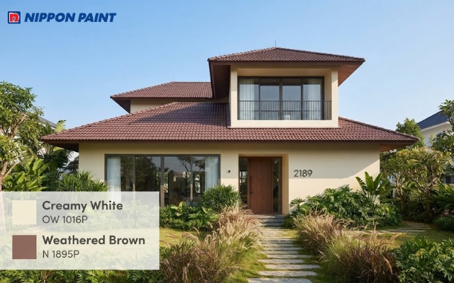 Nhà cấp 4 gác lửng có sân vườn nổi bật với trắng kem kết hợp mái đỏ nâu
