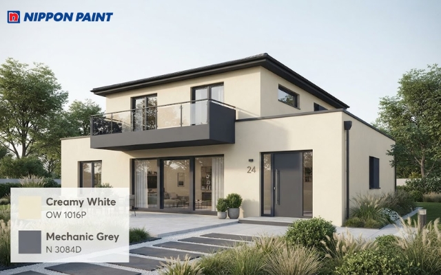 Thiết kế kiến trúc lựa chọn kem nhạt phối điểm nhấn xám đậm, mang đến tổng thể hiện đại, hài hòa