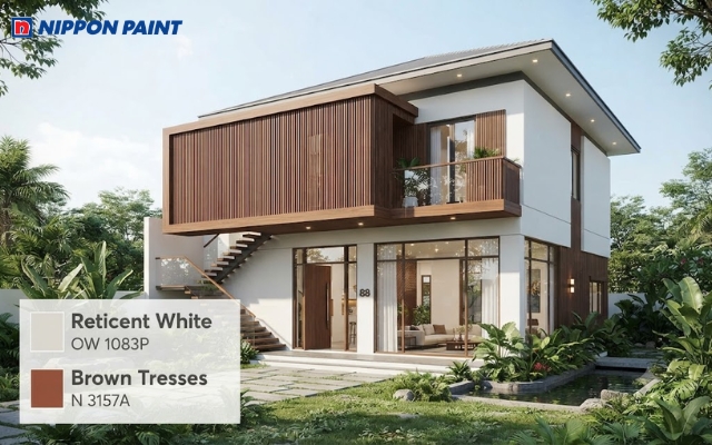 Nhà cấp 4 gác lửng hiện đại nổi bật với trắng kết hợp nâu gỗ, tạo vẻ đẹp tinh tế