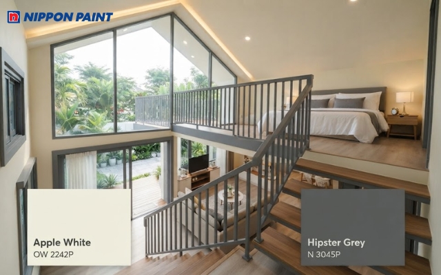 Nhà cấp 4 gác lửng 1 phòng ngủ sử dụng trắng ấm kết hợp nâu gỗ, tạo cảm giác rộng rãi