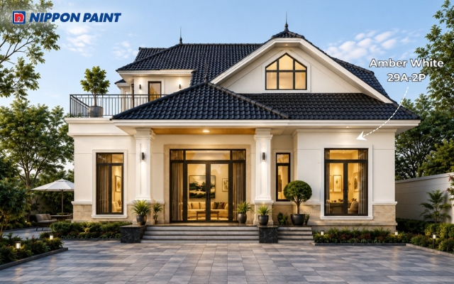 Nhà cấp 4 mái Nhật có gác lửng màu Amber White - 29A-2P mái xám than