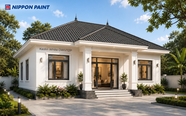 Nhà cấp 4 mái Nhật đẹp 2 phòng ngủ màu Kaolin White - OWV112P mái xám hiện đại