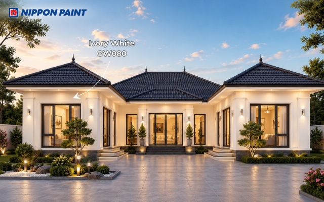 Nhà cấp 4 mái Nhật hình chữ U màu Ivory White - OW080 mái ghi than