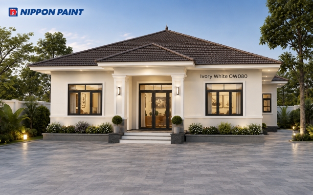 Nhà cấp 4 mái Nhật đơn giản màu Ivory White - OW080 mái nâu xám hiện đại