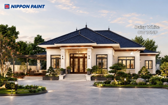 Nhà vườn cấp 4 mái Nhật màu Daisy White - OW 1014P mái xanh than đẹp hiện đại