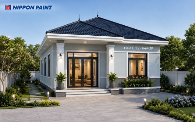 Nhà cấp 4 mái Nhật đẹp 2 phòng ngủ màu Blue Gray - 64A-3P sang trọng