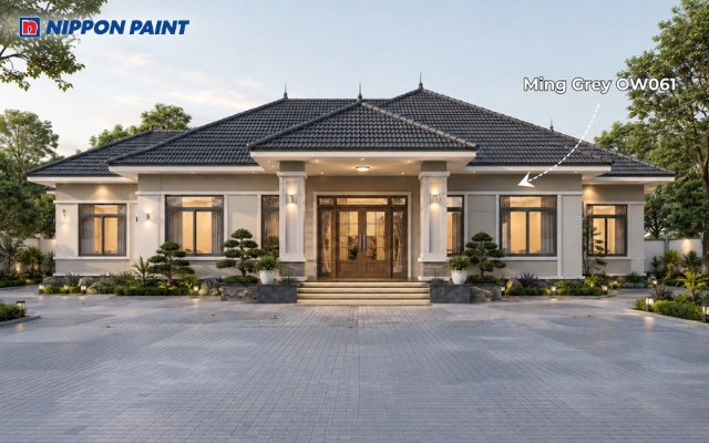Nhà cấp 4 mái Nhật đẹp 4 phòng ngủ màu Ming Grey - OW061 mái ghi than cao cấp