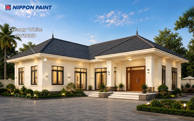 Nhà cấp 4 mái Nhật hình chữ L màu Creamy White - OW1016P mái ghi đậm thanh lịch