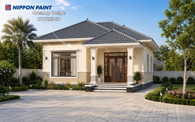 Nhà cấp 4 mái Nhật dưới 100 m² màu Creamy Beige - OW2234P mái ghi đậm hiện đại