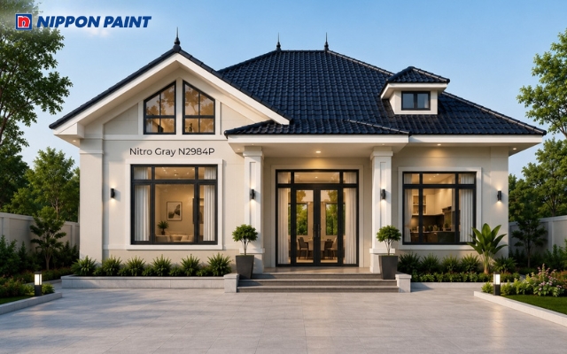 Nhà cấp 4 mái Nhật có gác lửng màu Nitro Gray - N2984P mái xanh than