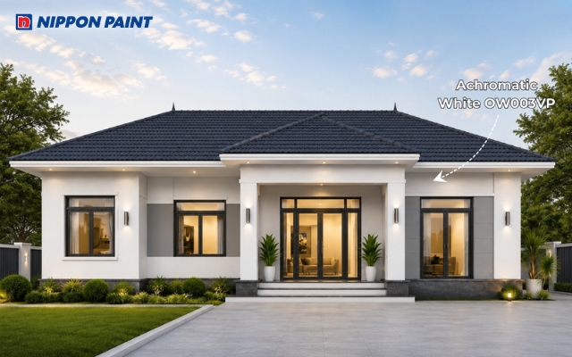 Nhà cấp 4 mái Nhật hình chữ I màu Achromatic White - OW003VP phối xám đậm tinh tế