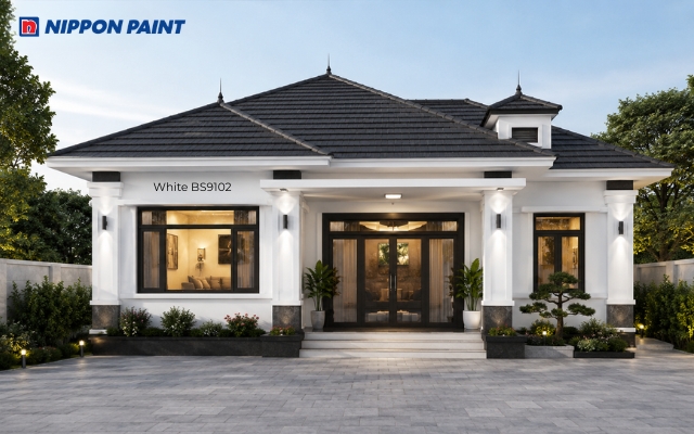 Nhà cấp 4 mái Nhật hiện đại sơn White - BS9102 mái xám đậm hiện đại