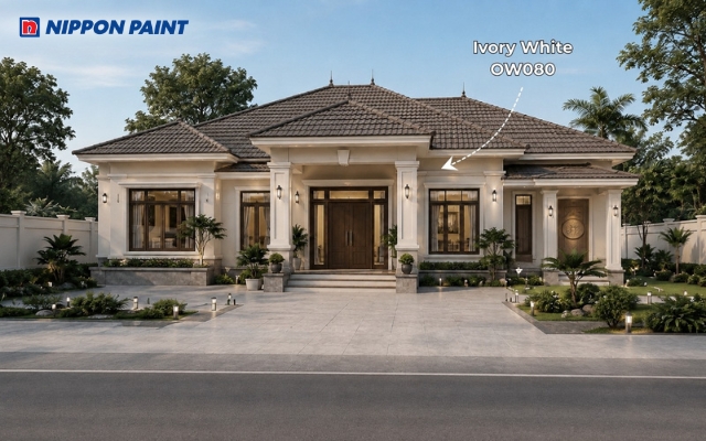 Nhà cấp 4 mái Nhật 3 phòng ngủ với 1 phòng thờ màu Ivory White - OW080 thiết kế tân cổ điển