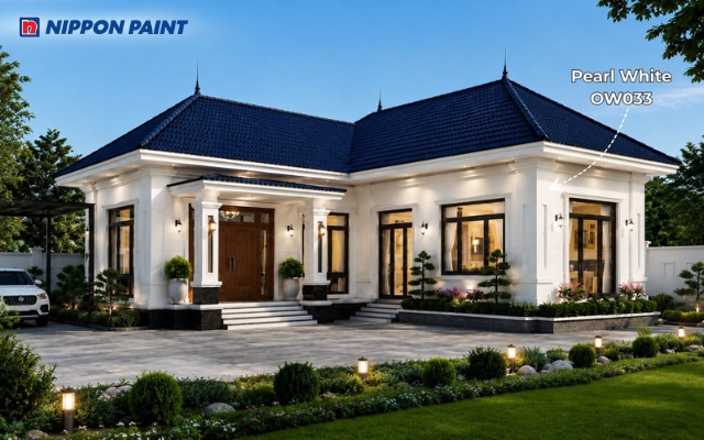 Nhà cấp 4 mái Nhật hình chữ L màu Pearl White - OW033 mái xanh navy cao cấp