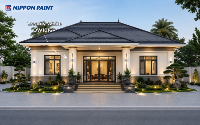 Nhà cấp 4 mái Nhật 100 - 120 m² thiết kế hiện đại màu Creamy White - OW1016P sân vườn đẹp