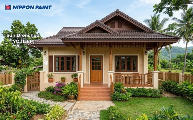 Tường Sun Drenched (YO 1158P) phối nâu gỗ, hài hòa cùng mái ngói nâu